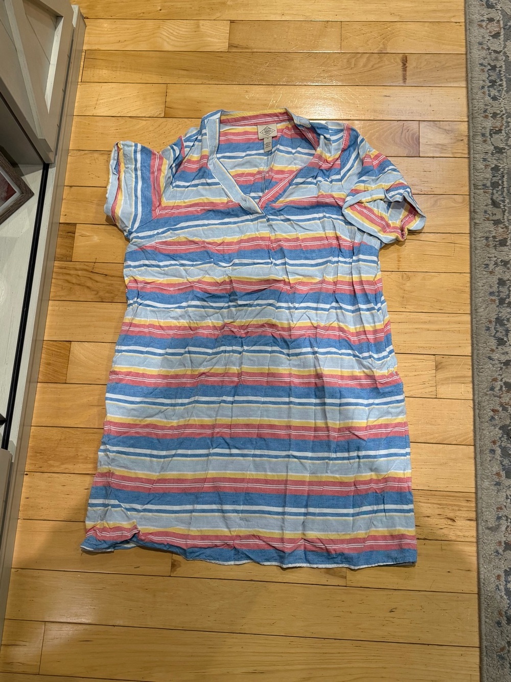 St. John’s bay women’s Short Sleeve v neck Shirt Dress Blue Stripe Size XL